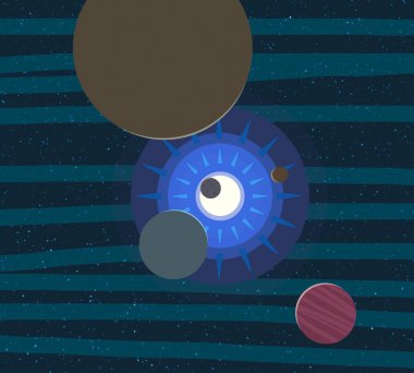 2d illüstrasyon. Karikatür stil boşluk resmi çizin. Derin geniş alan. Yıldızlar, gezegenler ve uydular. Çeşitli bilim kurgu yaratıcı fon. Uzay sanatı. Uzaylı güneş sistemleri. Gezegenler ve Uydular.