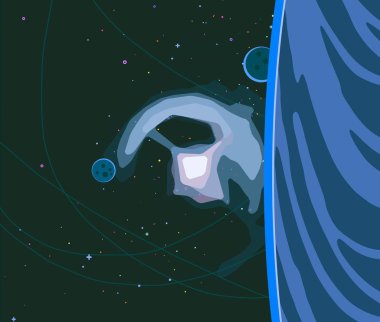 2d illüstrasyon. Karikatür stil boşluk resmi çizin. Derin geniş alan. Yıldızlar, gezegenler ve uydular. Çeşitli bilim kurgu yaratıcı fon. Uzay sanatı. Uzaylı güneş sistemleri. Gezegenler ve Uydular.