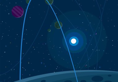 2d illüstrasyon. Karikatür stil boşluk resmi çizin. Derin geniş alan. Yıldızlar, gezegenler ve uydular. Çeşitli bilim kurgu yaratıcı fon. Uzay sanatı. Uzaylı güneş sistemleri. Gezegenler ve Uydular.