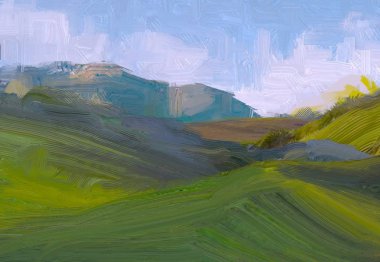 2d illüstrasyon. Yağlıboya manzara sanatı. Kırsal dağlık bölge. Renkli yeşil alan ve çimen. Yaz zamanı. Kırsal.