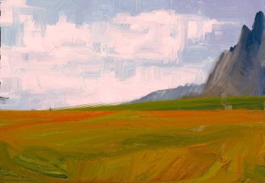 2d illüstrasyon. Yağlıboya manzara sanatı. Kırsal dağlık bölge. Renkli yeşil alan ve çimen. Yaz zamanı. Kırsal.