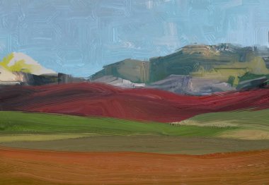 Renkli yeşil kırsal alan ve çim. Yaz zamanı. 2d illüstrasyon. Yağlıboya manzara sanatı. Kırsal dağlık bölge.