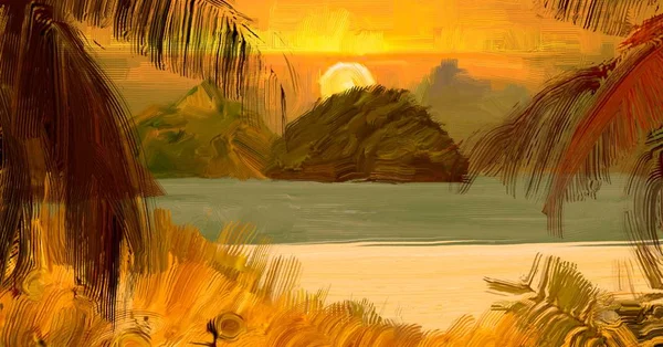 Dibujo Paisaje Marino Con Gouache Pinturas Acrílicas —  Fotos de Stock