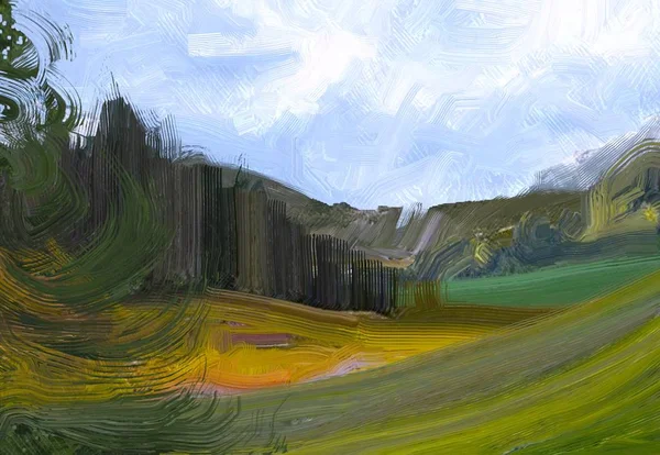 Illustration Peinture Huile Paysage Art Région Montagneuse Rurale Champ Vert — Photo