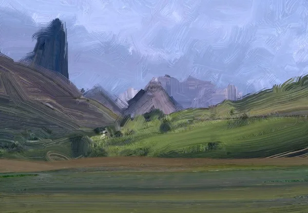 Ilustración Pintura Óleo Arte Paisajístico Región Montañosa Rural Campo Verde — Foto de Stock