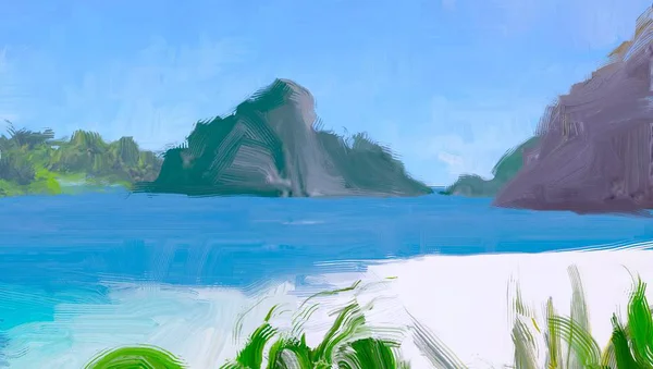 Dibujo Paisaje Marino Con Gouache Pinturas Acrílicas —  Fotos de Stock