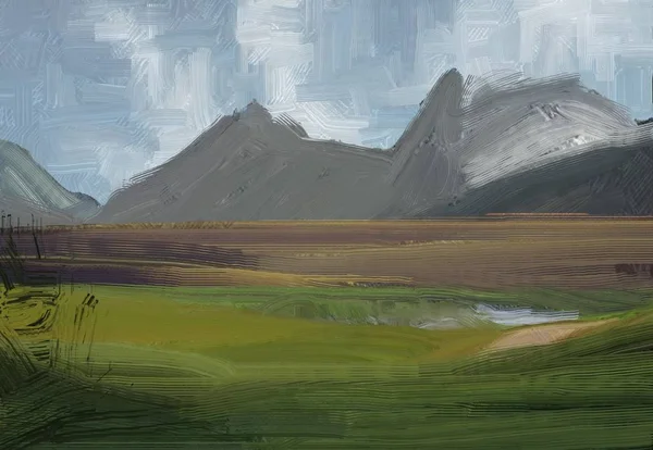 Illustratie Olieverfschilderij Landschapskunst Landelijk Berggebied Kleurrijke Groene Veld Gras Zomertijd — Stockfoto