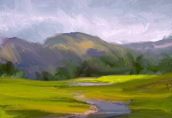 Ilustração Pintura Óleo Arte Paisagem Região Montanhosa Rural Campo Verde — Fotografia de Stock