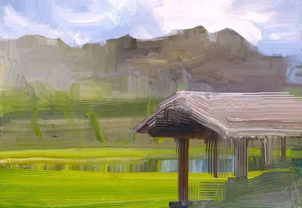 Illusztráció Olajfestmény Táj Művészet Vidéki Hegyvidéki Régióban Színes Zöld Mező — Stock Fotó