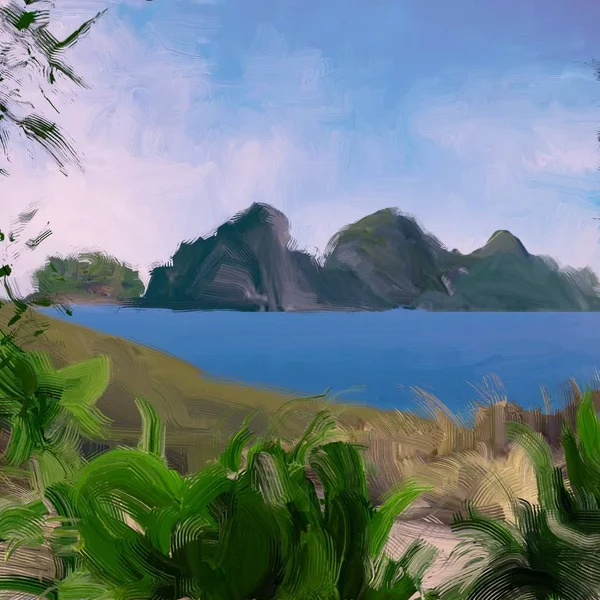 Dibujo Paisaje Marino Con Gouache Pinturas Acrílicas — Foto de Stock