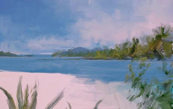 Dibujo Paisaje Marino Con Gouache Pinturas Acrílicas — Foto de Stock