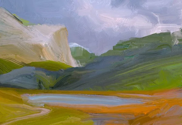 Ilustração Pintura Óleo Arte Paisagem Região Montanhosa Rural Campo Verde — Fotografia de Stock