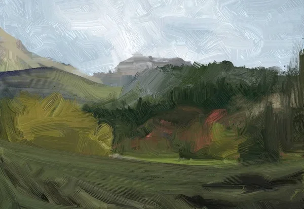 Renkli yeşil kırsal alan ve çim. Yaz zamanı. 2d illüstrasyon. Yağlıboya manzara sanatı. Kırsal dağlık bölge.
