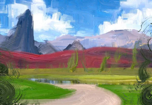 2d illustration. Oil painting landscape art. Rural mountain region. Colorful green field and grass. Summer time. Countryside.