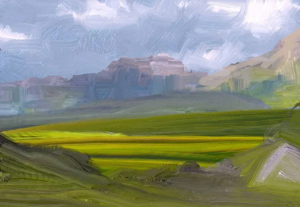 Illustrazione Pittura Olio Arte Paesaggistica Regione Rurale Montagna Campo Verde — Foto Stock