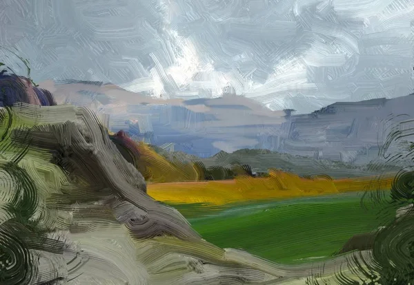 Colorato Campo Campagna Verde Erba Ora Legale Illustrazione Pittura Olio — Foto Stock