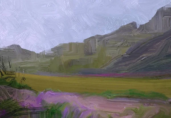 Ilustración Pintura Óleo Arte Paisajístico Región Montañosa Rural Campo Verde — Foto de Stock