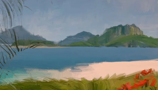 Dibujo Paisaje Marino Con Gouache Pinturas Acrílicas — Foto de Stock