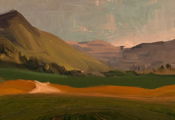 Ilustração Pintura Óleo Arte Paisagem Região Montanhosa Rural Campo Verde — Fotografia de Stock