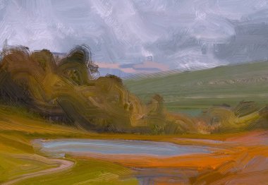 2d illüstrasyon. Yağlıboya manzara sanatı. Kırsal dağlık bölge. Renkli yeşil alan ve çimen. Yaz zamanı. Kırsal.