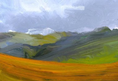 2d illüstrasyon. Yağlıboya manzara sanatı. Kırsal dağlık bölge. Renkli yeşil alan ve çimen. Yaz zamanı. Kırsal.