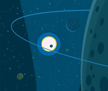 2d illüstrasyon. Karikatür stil boşluk resmi çizin. Derin geniş alan. Yıldızlar, gezegenler ve uydular. Çeşitli bilim kurgu yaratıcı fon. Uzay sanatı. Uzaylı güneş sistemleri. Gezegenler ve Uydular.