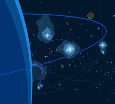 2d illüstrasyon. Karikatür stil boşluk resmi çizin. Derin geniş alan. Yıldızlar, gezegenler ve uydular. Çeşitli bilim kurgu yaratıcı fon. Uzay sanatı. Uzaylı güneş sistemleri. Gezegenler ve Uydular.