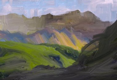 2d illüstrasyon. Yağlıboya manzara sanatı. Kırsal dağlık bölge. Renkli yeşil alan ve çimen. Yaz zamanı. Kırsal.