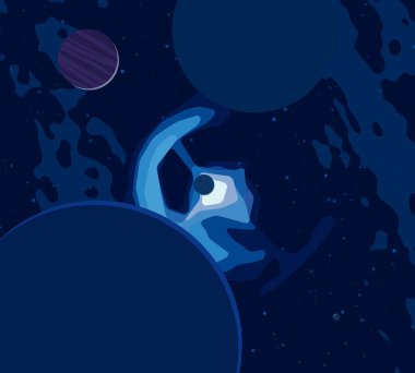 2d illüstrasyon. Karikatür stil boşluk resmi çizin. Derin geniş alan. Yıldızlar, gezegenler ve uydular. Çeşitli bilim kurgu yaratıcı fon. Uzay sanatı. Uzaylı güneş sistemleri. Gezegenler ve Uydular.