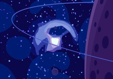 2d illüstrasyon. Karikatür stil boşluk resmi çizin. Derin geniş alan. Yıldızlar, gezegenler ve uydular. Çeşitli bilim kurgu yaratıcı fon. Uzay sanatı. Uzaylı güneş sistemleri. Gezegenler ve Uydular.