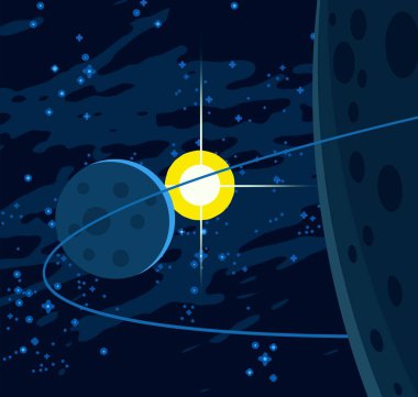 2d illüstrasyon. Karikatür stil boşluk resmi çizin. Derin geniş alan. Yıldızlar, gezegenler ve uydular. Çeşitli bilim kurgu yaratıcı fon. Uzay sanatı. Uzaylı güneş sistemleri. Gezegenler ve Uydular.