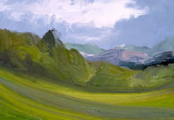 2d illustration. Oil painting landscape art. Rural mountain region. Colorful green field and grass. Summer time. Countryside.