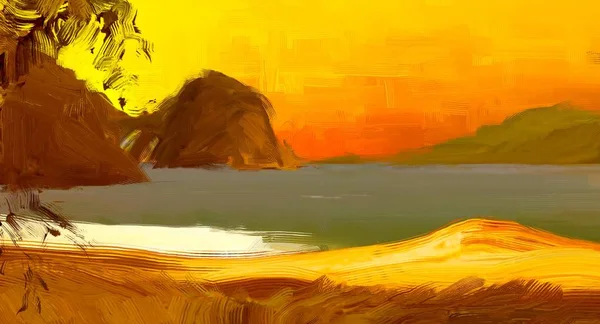 Desenho Paisagem Marinha Com Guache Tintas Acrílicas — Fotografia de Stock