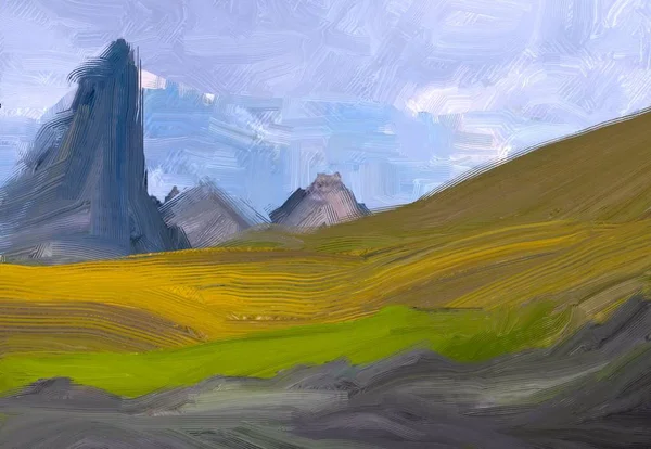 Illustrazione Pittura Olio Arte Paesaggistica Regione Rurale Montagna Campo Verde — Foto Stock