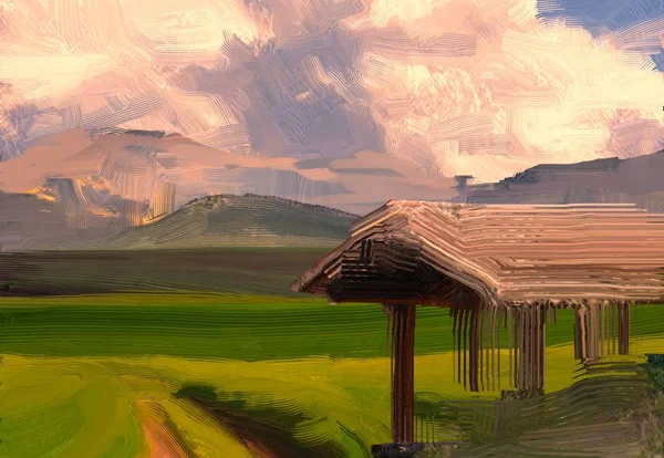 2d illustration. Oil painting landscape art. Rural mountain region. Colorful green field and grass. Summer time. Countryside.