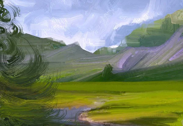 2Dイラスト 油絵風景画 田舎の山岳地帯 カラフルな緑のフィールドと草 夏だ田舎 — ストック写真