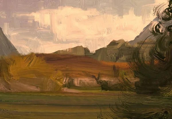 Illustrazione Pittura Olio Arte Paesaggistica Regione Rurale Montagna Campo Verde — Foto Stock