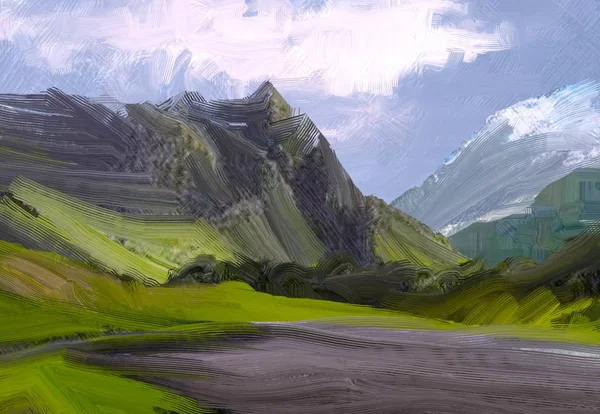 Illustrazione Pittura Olio Arte Paesaggistica Regione Rurale Montagna Campo Verde — Foto Stock