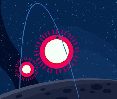 2d illüstrasyon. Karikatür stil boşluk resmi çizin. Derin geniş alan. Yıldızlar, gezegenler ve uydular. Çeşitli bilim kurgu yaratıcı fon. Uzay sanatı. Uzaylı güneş sistemleri. Gezegenler ve Uydular.