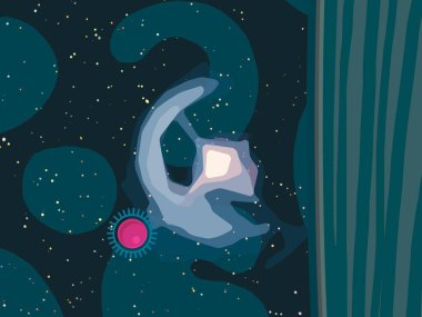 2d illüstrasyon. Karikatür stil boşluk resmi çizin. Derin geniş alan. Yıldızlar, gezegenler ve uydular. Çeşitli bilim kurgu yaratıcı fon. Uzay sanatı. Uzaylı güneş sistemleri. Gezegenler ve Uydular.