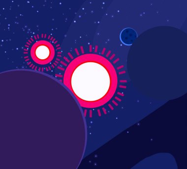 2d illüstrasyon. Karikatür stil boşluk resmi çizin. Derin geniş alan. Yıldızlar, gezegenler ve uydular. Çeşitli bilim kurgu yaratıcı fon. Uzay sanatı. Uzaylı güneş sistemleri. Gezegenler ve Uydular.