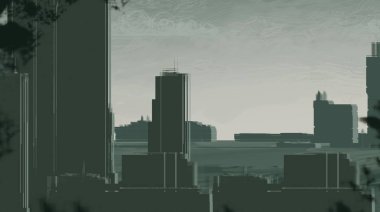 2d illüstrasyon. Gökdelen şehir metropol. Dijital sanat. El yapımı dijital boyama.  