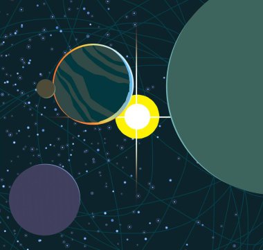 2d illüstrasyon. Karikatür stil boşluk resmi çizin. Derin geniş alan. Yıldızlar, gezegenler ve uydular. Çeşitli bilim kurgu yaratıcı fon. Uzay sanatı. Uzaylı güneş sistemleri. Gezegenler ve Uydular.