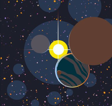 2d illüstrasyon. Karikatür stil boşluk resmi çizin. Derin geniş alan. Yıldızlar, gezegenler ve uydular. Çeşitli bilim kurgu yaratıcı fon. Uzay sanatı. Uzaylı güneş sistemleri. Gezegenler ve Uydular.