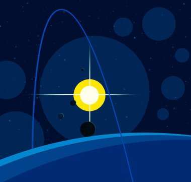 2d illüstrasyon. Karikatür stil boşluk resmi çizin. Derin geniş alan. Yıldızlar, gezegenler ve uydular. Çeşitli bilim kurgu yaratıcı fon. Uzay sanatı. Uzaylı güneş sistemleri. Gezegenler ve Uydular.