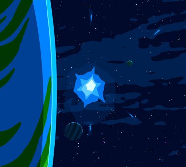 2d illüstrasyon. Karikatür stil boşluk resmi çizin. Derin geniş alan. Yıldızlar, gezegenler ve uydular. Çeşitli bilim kurgu yaratıcı fon. Uzay sanatı. Uzaylı güneş sistemleri. Gezegenler ve Uydular.