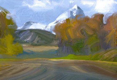 2d illüstrasyon. Yağlıboya manzara sanatı. Kırsal dağlık bölge. Renkli yeşil alan ve çimen. Yaz zamanı. Kırsal.