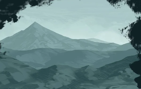 Abstraktně Siluetované Pozadí Mlžnými Horami — Stock fotografie