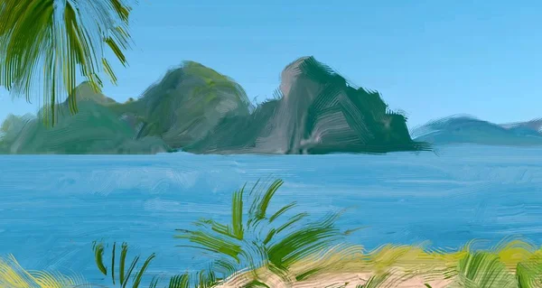 Dibujo Paisaje Marino Con Gouache Pinturas Acrílicas —  Fotos de Stock