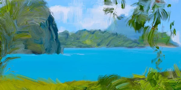 Dibujo Paisaje Marino Con Gouache Pinturas Acrílicas —  Fotos de Stock